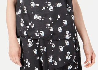 Alfani Women's Floral Print Satin Smocked Shoulder Top Black Size XX-Large