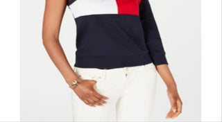 Tommy Hilfiger Women's One Shoulder Colorblocked Sweatshirt Blue Size Medium