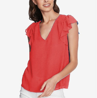 1.STATE Women's Smocked Shoulder Ruffled Top Coral Size Medium