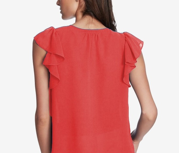 1.STATE Women's Smocked Shoulder Ruffled Top Coral Size Medium