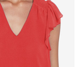 1.STATE Women's Smocked Shoulder Ruffled Top Coral Size Medium