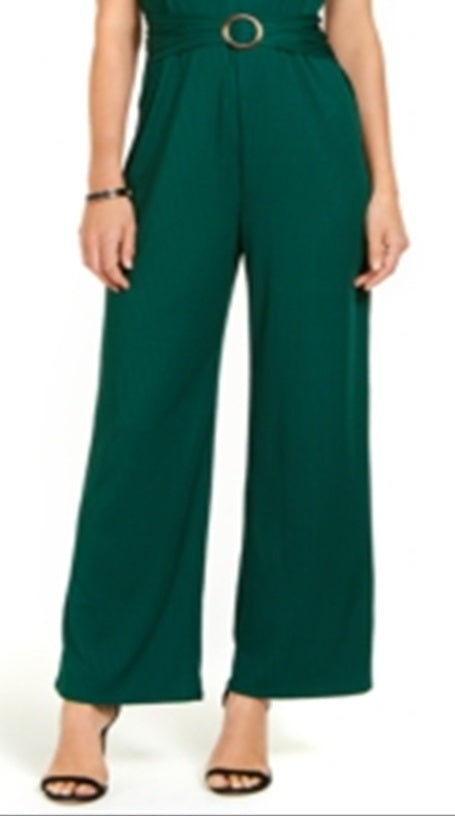 NY Collection Women's Belted Jumpsuit Green Size Petite X-Large