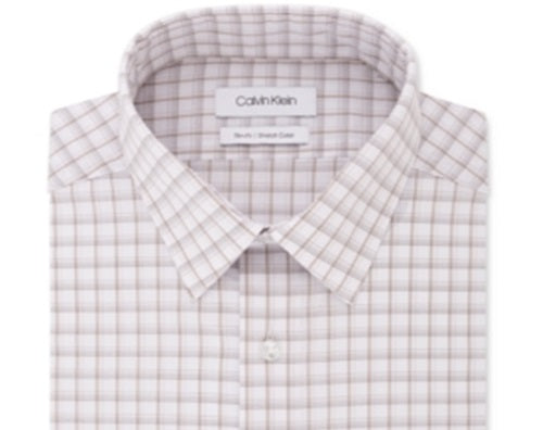 Calvin Klein Men's Slim Fit Stretch Collar Check Dress Shirt Beige Size 16X34-35