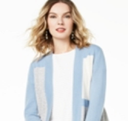 Charter Club Women's Colorblocked Pure Cashmere Cardigan Blue Size Petite L