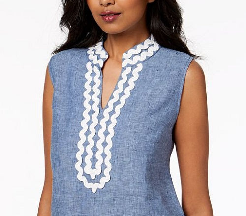 Charter Club Women's Embroidered Linen Tunic Blue Size Petite Small