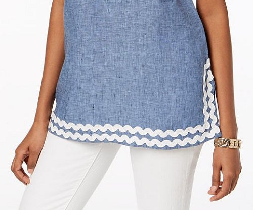 Charter Club Women's Embroidered Linen Tunic Blue Size Petite Small
