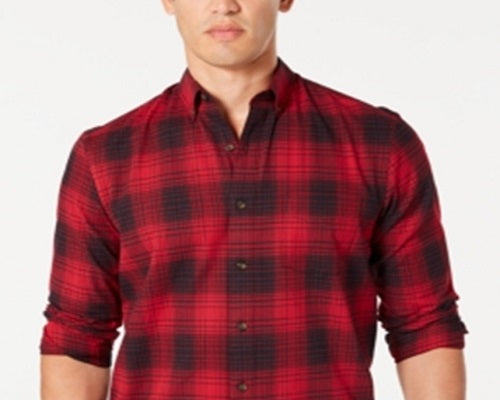 Club Room Men's Stretch Brushed Cotton Plaid Flannel Shirt Red Size Medium