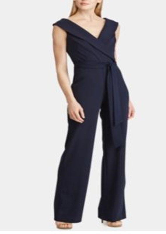 Ralph Lauren Women's Talliah V Neck Wide Leg Jumpsuit Blue Size 14