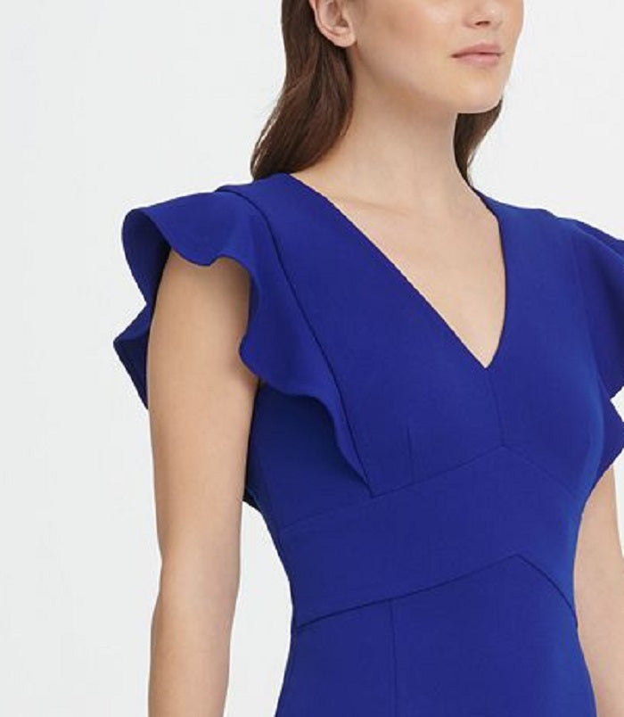 DKNY Women's V Neck Ruffle Cap Sleeve Sheath Dress Blue Size 16