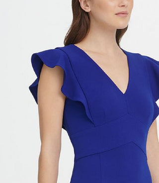 DKNY Women's V Neck Ruffle Cap Sleeve Sheath Dress Blue Size 16