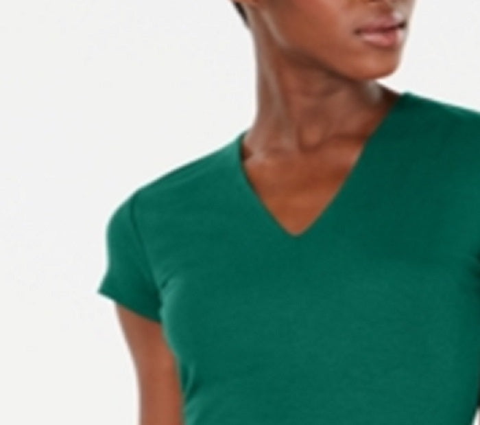 INC International Concepts Women's Short Sleeve Ribbed V Neck Top Green Size Large