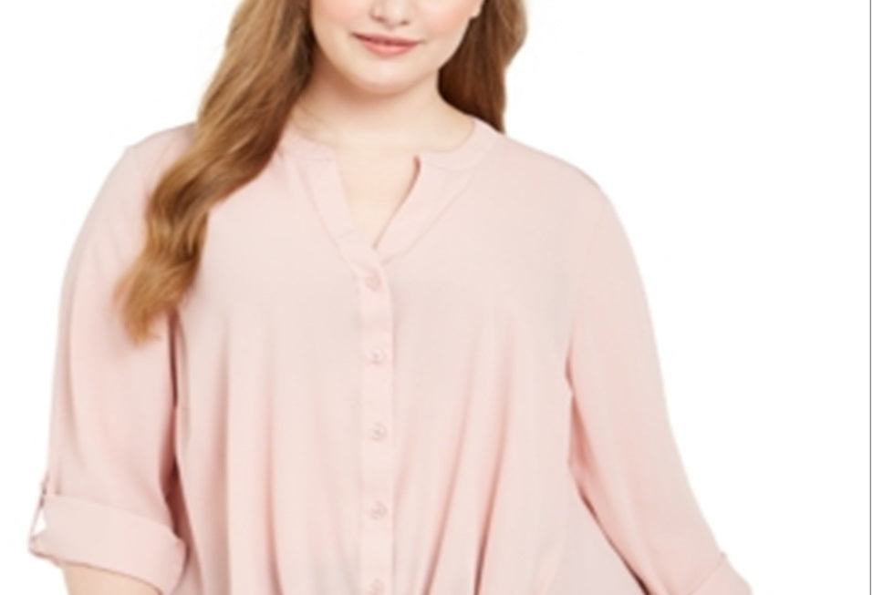 INC International Concepts Women's Roll Tab Long Sleeve Blouse Pink Size 0X
