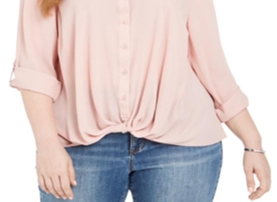 INC International Concepts Women's Roll Tab Long Sleeve Blouse Pink Size 0X