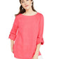 Charter Club Women's D Ring Roll Sleeve Linen Blend Top Orange Size Large