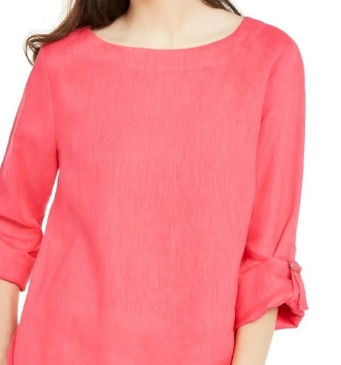 Charter Club Women's D Ring Roll Sleeve Linen Blend Top Orange Size Large