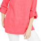 Charter Club Women's D Ring Roll Sleeve Linen Blend Top Orange Size Large