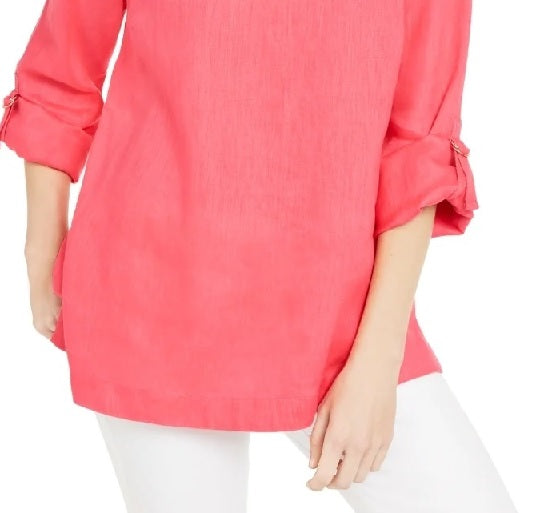 Charter Club Women's D Ring Roll Sleeve Linen Blend Top Orange Size Large