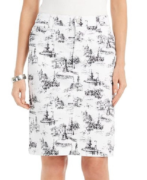 Charter Club Women's  Architectural-Print Denim Skirt White Size 4