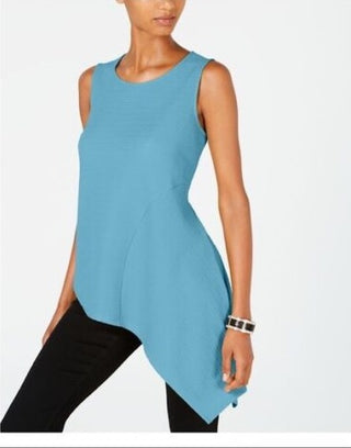 Alfani Women's Textured Asymmetrical Hem Sleeveless Scoop Neck Hi Lo Top Blue Size Large