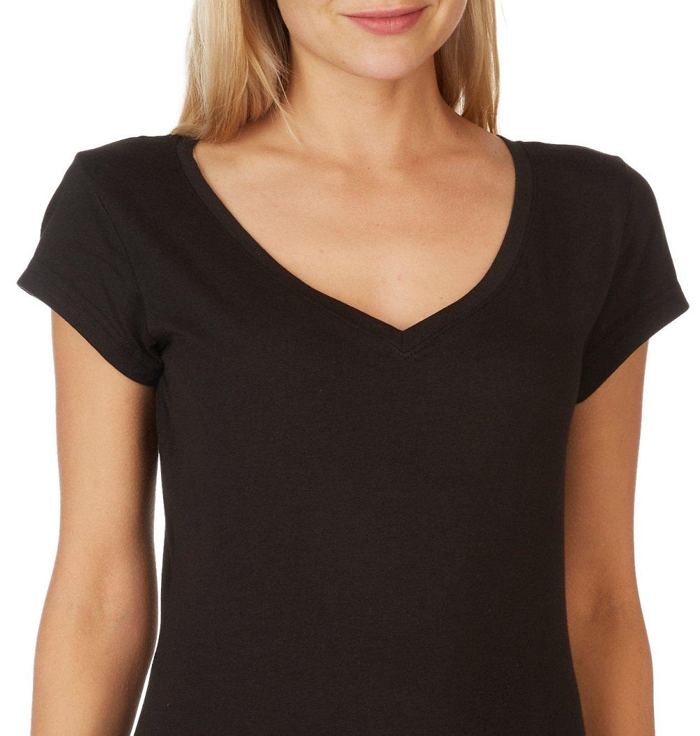Aveto Women's  Junior's V-Neck Soft Stretch Knit Solid Top Black Size X-Large