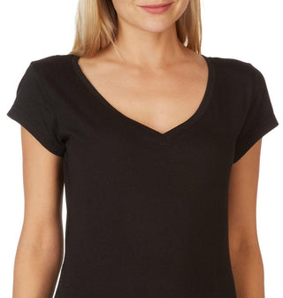 Aveto Women's  Junior's V-Neck Soft Stretch Knit Solid Top Black Size X-Large