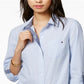 Tommy Hilfiger Women's Cornflower Cornell Stripe Roll Tab Button Down Shirt Blue Size Small