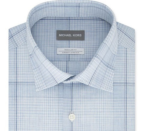 Michael Kors Men's Classic Regular Fit Non Iron Airsoft Performance Stretch Plaid Dress Shirt Blue Size 18.5X34-35