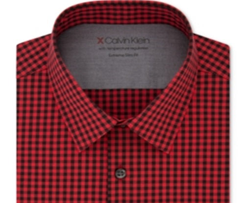 Calvin Klein Men's Extra Slim Fit Performance Stretch Temperature Regulating Check Dress Shirt Red Size L