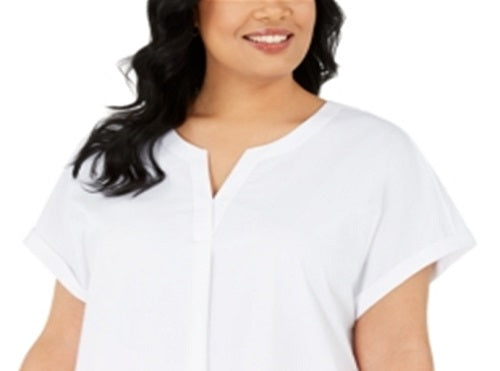 Alfani Women's Plus Split Neck Short Sleeve Top White Size 1X