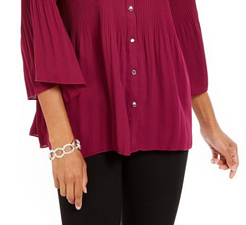 Ny Collection Women's  Petite Pleated Button-Front Bell-Sleeve Top Red Size Petite M