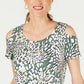 JM Collection Women's Printed Cold Shoulder Top Green Size Small