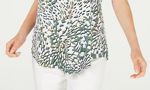 JM Collection Women's Printed Cold Shoulder Top Green Size Small