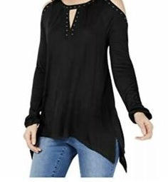 INC International Concepts Women's Teal Cold Shoulder Long Sleeve Scoop Neck Top Black Size X-Large