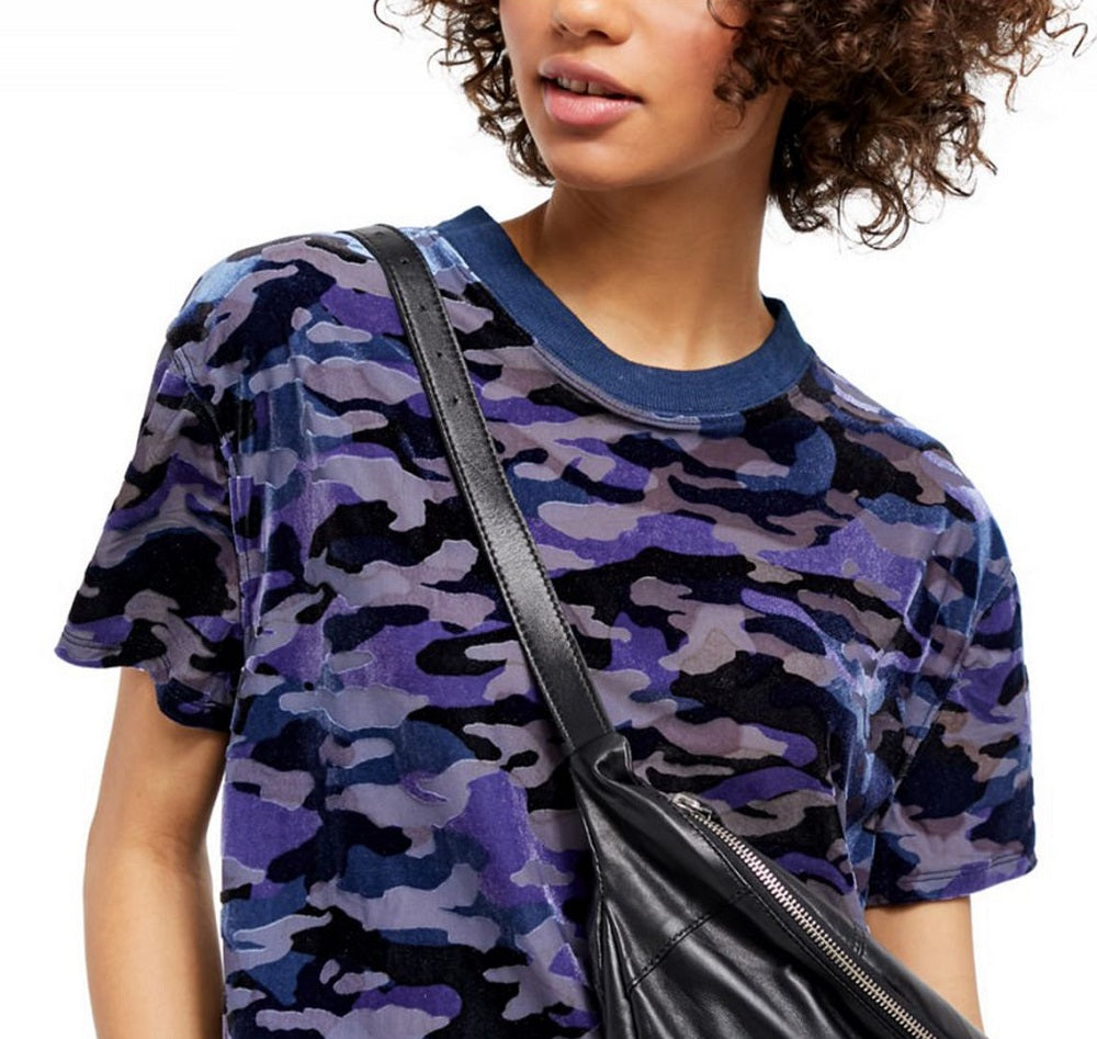 Free People Women's Camouflage Short Sleeve Crew Neck T-Shirt Top Blue Size Medium