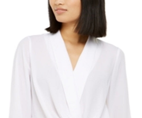 INC Women's Gathered Front Long Sleeve Collared Top  White Size Medium