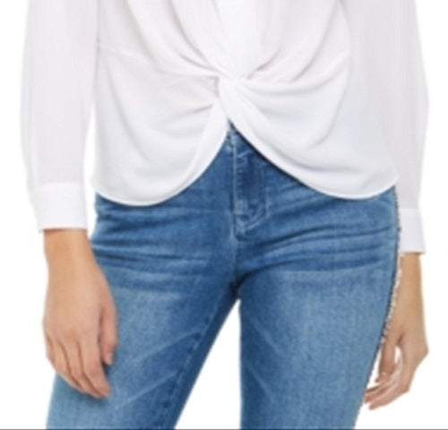 INC Women's Gathered Front Long Sleeve Collared Top  White Size Medium