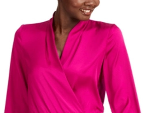 INC International Concepts Women's Smocked Satin Surplice Top Pink Size X-Large
