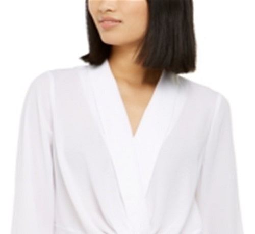 INC International Concepts Women's Gathered Front Long Sleeve Collared Top White Size X-Small