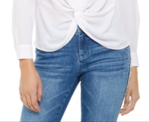 INC International Concepts Women's Gathered Front Long Sleeve Collared Top White Size X-Small