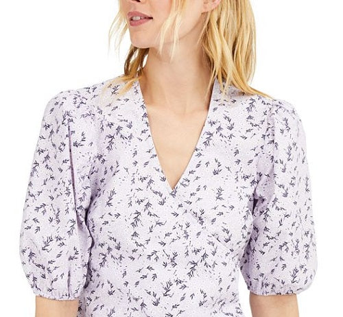 INC International Concepts Women's Tie Floral Short Sleeve V Neck Wrap Top Purple Size X-Large