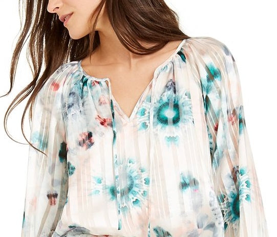 INC International Concepts Women's Tie Dye Metallic Peasant Top White Size X-Small