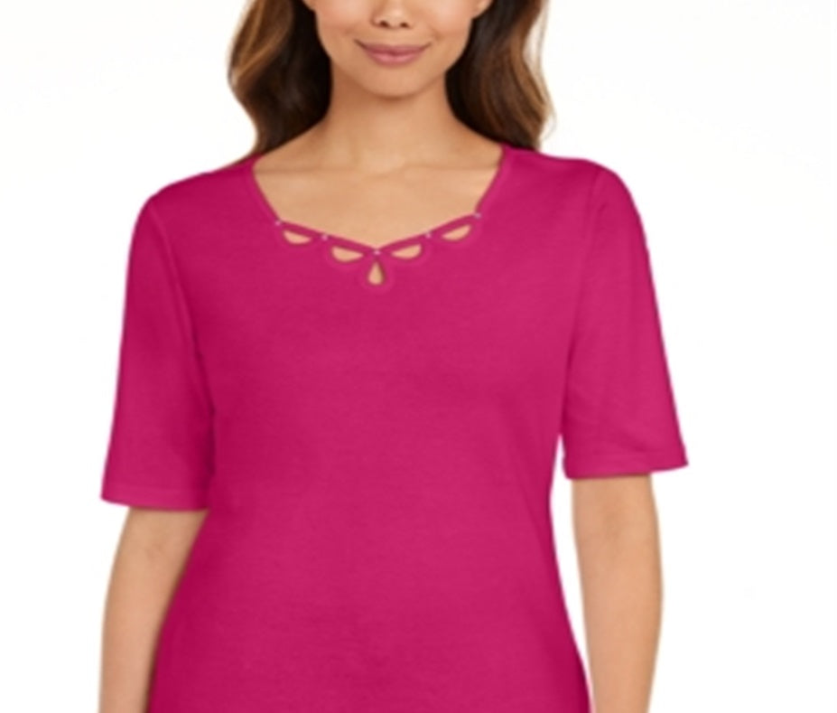 Karen Scott Women's Cotton Keyhole Top Pink Size X-Large