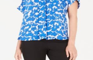 Alfani Women's Printed Short Sleeve Blouse Blue Size Petite S