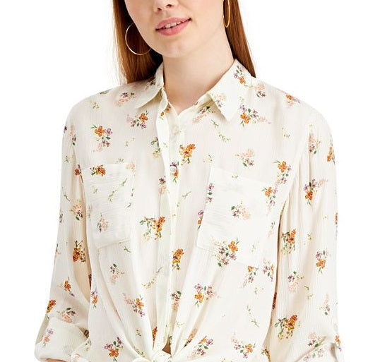 Pink Rose Junior's Floral Tie Front Shirt White Size Medium