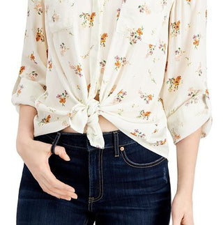 Pink Rose Junior's Floral Tie Front Shirt White Size Medium