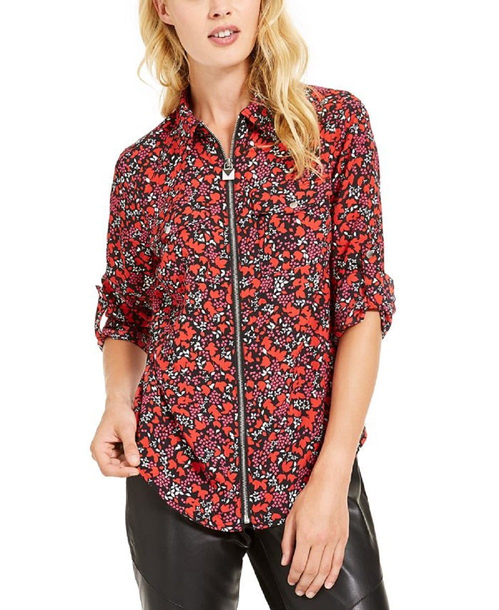 Michael Kors Women's Woodland Leaf Printed Zip Top Red Size Medium