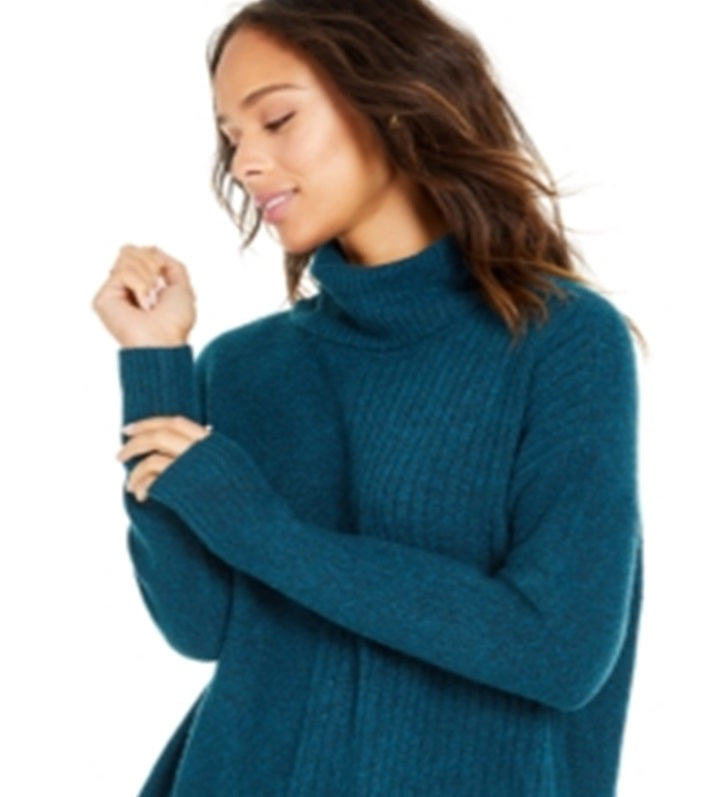 Style & Co Women's Mixed Stitch Ribbed Turtleneck Tunic Sweater Blue Size Small
