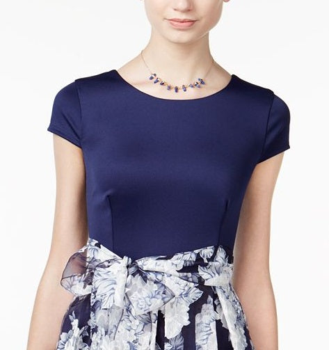 B Darlin Women's Striped Short Sleeve Jewel Neck Short Party Fit Flare Dress Blue Size 9-10