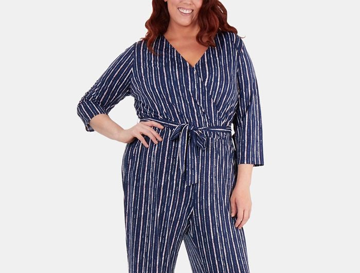 NY Collection Women's Plus Surplice Stripes Jumpsuit Blue Size 2X