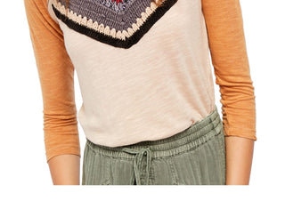 Free People Women's Knitted Front 3/4 Sleeve Crew Neck Top Brown Size Medium